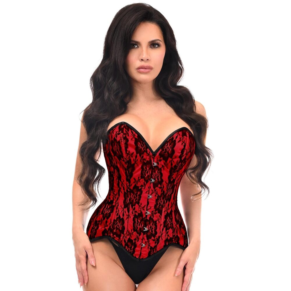9892 Top Drawer Red Satin w/Black Lace Overlay Steel Boned Overbust Corset